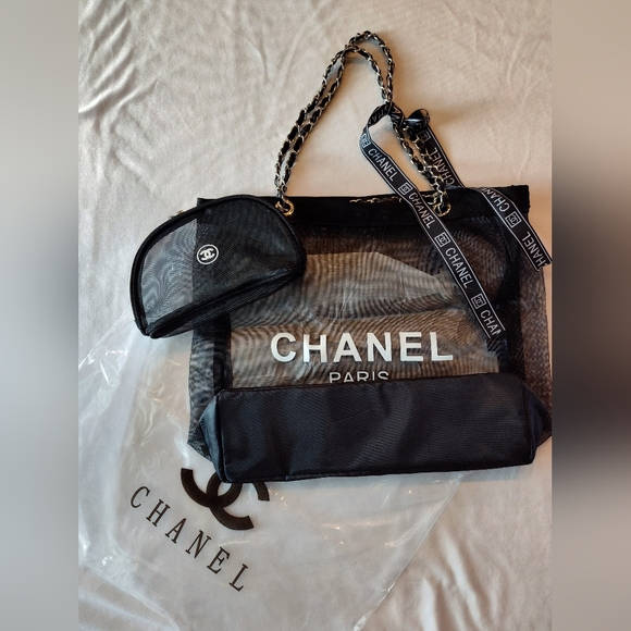 CHANEL Handbags - CHANEL Paris Mesh Tote & Pouch Set Silver Hardware Black Chain Shoulder Bag NIP